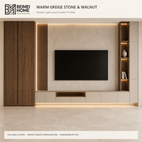 Meuble TV mural moderne de luxe léger en bois massif avec panneau en pierre gris chaud, rangement en noyer, meuble multimédia flottant pour villa OEM
