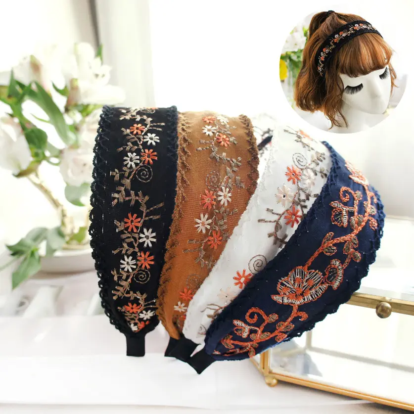ヴィンテージナショナルスタイル刺Embroideryヘッドバンド美しい花牧歌的なスタイルの生地ワイドヘッドバンドヘアアクセサリー