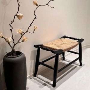 <b>Rattan</b> <b>Stool</b> Solid Wood Rectangle Black Walnut Color Bedroom Entryway Storage Minimalist Chair Adult Use - Product Image 4
