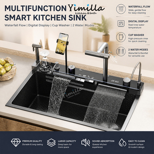 Lavello da <span class=keywords><strong>Cucina</strong></span> in Acciaio Inox Nero Nano <span class=keywords><strong>Anticalcare</strong></span>, Lavello Multifunzionale a Cascata con Supporto <span class=keywords><strong>per</strong></span> Telefono - Product Image 1