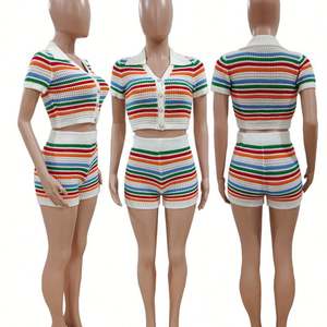 Summer Boutique <strong>Clothing</strong> Knitted 2 Crop Top <strong>and</strong> Women Sets Striped Loungewear Knit Two Piece Ladies Shorts Outfits - Product Image 3