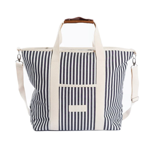 Custom Logo Popular Style Double Sided <b>Navy</b> Stripe Beach Cooler <b>Tote</b> <b>Bag</b> Foldable Portable Canvas Cooler <b>Bag</b> with Extra Pocket - Product Image 1