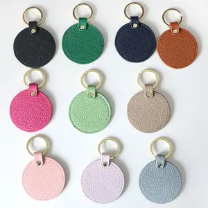 Fashion Custom Round Shape Key Holder PU Leather Keychain Lychee Pattern Circle Key Ring Gift