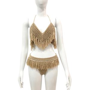 Bikini personnalisé à col en V rayé, crocheté à la main, en spandex, ensemble deux pièces, mini bikini, maillot de bain, vêtements de plage pour femmes - Product Image 1