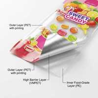 Op maat gemaakte 3-zijdig gesealde staande pouch, geurdicht, warmtegesloten plastic voedselverpakking voor snacks, snoep, suiker, voedselveilig.