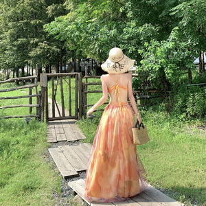 Vestido de chifón halter con estampado floral naranja, detalle retorcido, espalda descubierta, falda larga de tul, de secado rápido, estilo A, para cubrir el traje de baño - Product Image 3