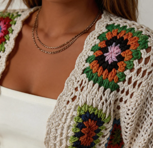 Cardigan en tricot de haute qualité pour femme, motif floral <span class=keywords><strong>au</strong></span> <span class=keywords><strong>crochet</strong></span>, carrés <span class=keywords><strong>Granny</strong></span>, coloré, à manches évasées, ouvert sur le devant, style veste de couverture - Product Image 4