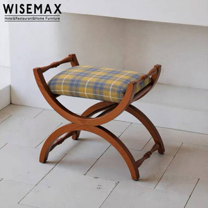 WISEMAX Furniture Medieval Style Home Furniture Solid Wood Stools Ottomans Retro Upholstery Fabric <strong>Low</strong> <strong>Footstool</strong> for Living Room - Product Image 6