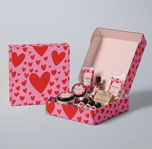 Boîtes d'expédition écologiques pour produits de beauté avec logo personnalisé, cœur rouge, papier gaufré rose, fournisseur d'emballages pour soins personnels, personnalisé - Product Image 1