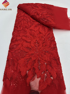 Vino 3D flor bordado perlas hecho a mano encaje con cuentas lujo francés red <span class=keywords><strong>tul</strong></span> <span class=keywords><strong>tela</strong></span> de encaje con lentejuelas para vestido de fiesta de noche - Product Image 5