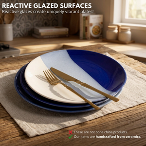 Assiette de service ronde en céramique moderne, diamètre personnalisé, bleu, blanc, gris, design bohème, faite à la main, durable, pour la décoration de table à manger - Product Image 1