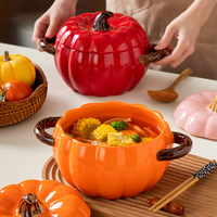 Cuenco de cerámica de forma moderna con tapa Vajilla en forma de calabaza de Otoño de cerámica creativa Cuencos de 800ml con dos asas