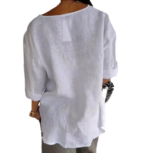 新着ルースフィットコットンリネンVネックTシャツカジュアル夏3/4スリーブブラウストップ - Product Image 5