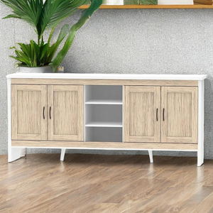 FURNIZONE Gabinete de madera moderno de 4 puertas 2 estantes Mesa de buffet multiusos para cocina Panel de sala de estar Estilo Pulau Pinang - Product Image 1