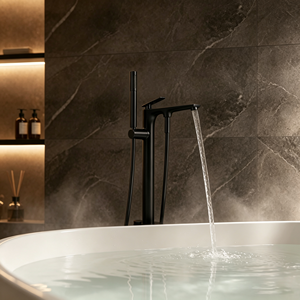 Grifo de Bañera Minimalista Negro Mate de Montaje en Suelo, Monomando con Válvula Cerámica, Rociador en Cascada, Accesorio de Baño de Latón - Product Image 3