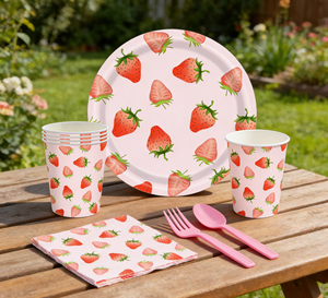 <span class=keywords><strong>Vaisselle</strong></span> jetable rose pour fête d'anniversaire sur le thème des fraises, baby shower, pique-nique, pour filles - Product Image 1