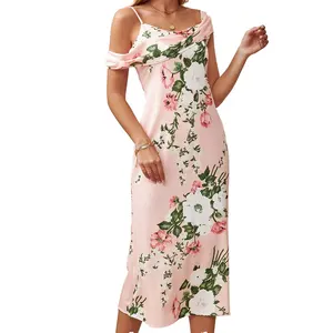 Custom Spring Summer Casual Asymmetrical Floral Print Long Frock, French Vacation Flower Backless Cold Shoulder Strap Dress