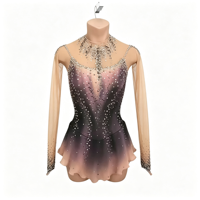 Tenue de patinage artistique à manches longues en maille dégradée noir et rose, dos ouvert, col en V, ornée de strass, pour adultes et enfants, pour compétition de danse sur glace