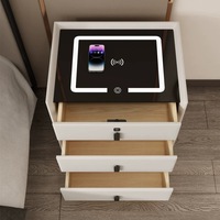 Table de chevet intelligente moderne avec lumière LED, haut-parleurs Bluetooth, verrouillage par empreinte digitale, charge sans fil, plateau en verre, chambre d'hôtel