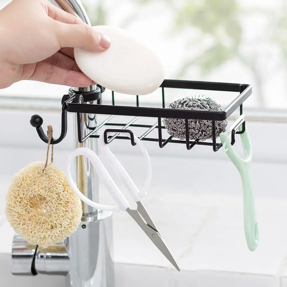 JX-Wasserhahn Schwamm halter Küchen spüle oder Dusche Caddy Korb mit Haken Reinigungs bürste Seife Geschirrs pül mittel Abfluss regal-schwarz