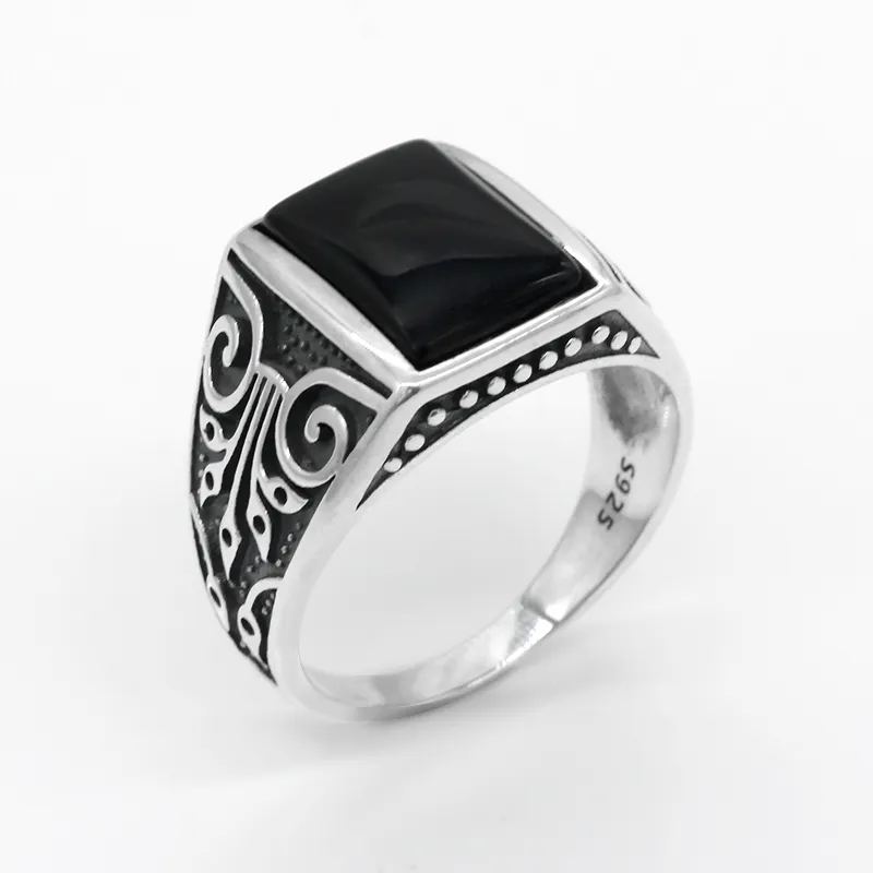 Atacado 925 Sterling Silver NaturalBlack Ágata Homens De Pedra Do Anel, Anéis para Homens anel de Noivado Casamento Moda Oxidado SilverJewelry