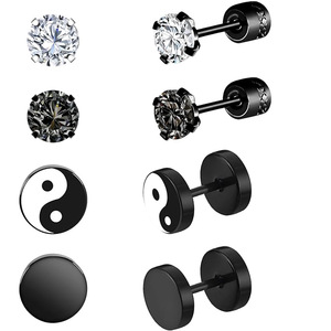 Pendientes de acero inoxidable con forma de disco redondo, diseño de cristal negro Yin Yang para hombres y mujeres, joyería de moda, juego de 4 pares - Product Image 1