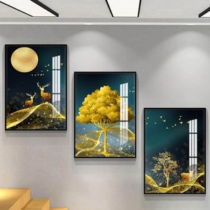 Arte Mural Tríptico Moderno de Porcelana de Cristal con Lámina Dorada, Paisaje Abstracto, Pintura Decorativa <span class=keywords><strong>para</strong></span> <span class=keywords><strong>Sala</strong></span> de Estar, Fondo de Sofá - Product Image 1