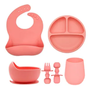 Non-Slip BPA Free Toddler First Stage Learning Spoon Divided Dining Plate Bib Suction Silicone Bowl Baby Feeding Led Weaning Set