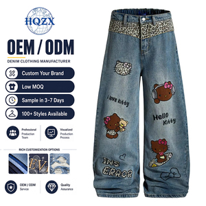 Pantalon en jean droit ample taille mi-haute en coton brodé pour homme, style vintage rétro streetwear hiver hip-hop délavé - Product Image 1