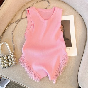 Completo da donna in stile francese dolce e piccante: top/camisole in maglia rosa con frange + pantaloncini casual a vita alta e gamba larga - Product Image 4