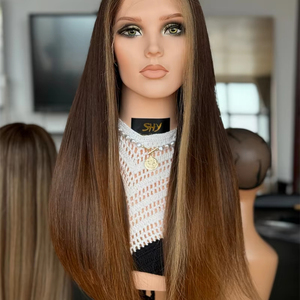 Peluca de cabello humano virgen europea con resaltado marrón para salón profesional personalizado, pelucas de encaje transparente de 22 "de largo - Product Image 1