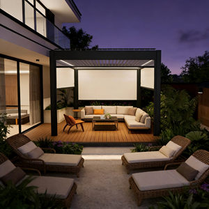 <span class=keywords><strong>Pergola</strong></span> moderne en aluminium imperméable <span class=keywords><strong>pour</strong></span> l'extérieur, avec <span class=keywords><strong>rideaux</strong></span> et éclairage LED - Product Image 2