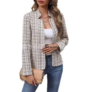Chaqueta Cárdigan de Oficina de Alta Calidad para Mujer, Tejida, 100% Poliéster, Antiencogimiento, Cuello Mao, Manga Larga, Primavera Otoño, a Cuadros - Product Image 5