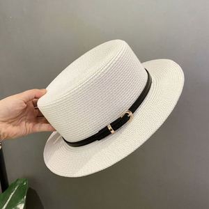 Flat Top Straw Brim Women's Wide Brimmed Panama Youth Street <b>Hats</b> Vacation Belt <b>Hat</b> Gift <b>for</b> Christmas Party - Product Image 2