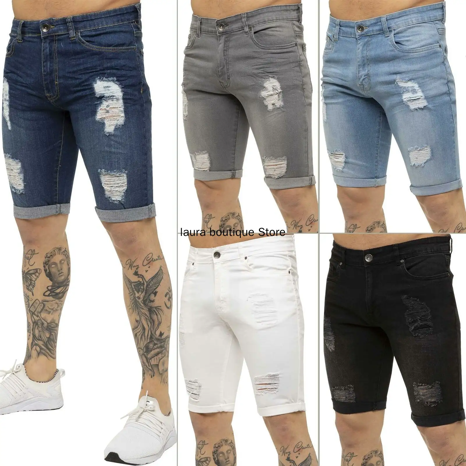 Pria Celana Kasual Robek Celana Jeans Pendek Fit Klasik Tertekan Fashion Denim Celana Pendek Vaqueros De Hombre Putih, Hitam, Biru