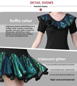 Conjunto de Disfraz de Baile Latino al por Mayor para Mujer, Falda Corta de Poliéster con Lentejuelas Bordadas y Manga Corta - Product Image 6
