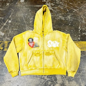 Sudadera con capucha Streetwear de 500 g/m² de alto gramaje, estilo vintage con lavado ácido, desgastada, de corte holgado y corto, con parche bordado y cremallera - Product Image 4