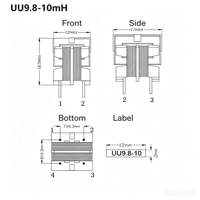 Filtre d'inductance de mode commun en gros pour usine, Inducteur de mode commun UU10.5-10MH UF10.5, Inducteur de filtre pour alimentation à découpage