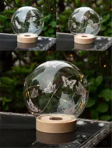 Kanlong lâmpada de mesa de vidro de borboleta, base de madeira operada a bateria