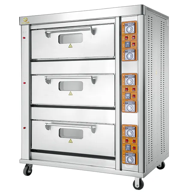 China melhor ombi dobradiças duto qualidade comercial 3 deck forno 6-tray 3 deck 9 bandejas forno a gás comercial