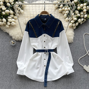 Spring New Casual Style Denim <b>Patchwork</b> Color Splicing Long Sleeve <b>Shirt</b> for Woman Fashion - Product Image 1