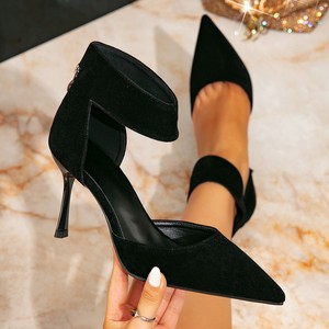 Sandales à talons hauts pour femmes QLFashion Huizhou AliExpress, noires, en peluche, sexy, à bout pointu, avec fermeture éclair arrière - Product Image 4