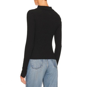 Pull décontracté en maille côtelée à manches longues, col montant, fermeture demi-zip, coupe ajustée extensible pour femme - Product Image 3