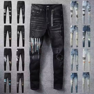 <span class=keywords><strong>Jeans</strong></span> da <span class=keywords><strong>Uomo</strong></span> in Denim Vintage Strappati Streetwear con Ricami Effetto Vissuto e Lavato - Product Image 1
