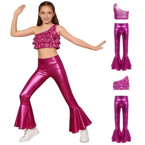 6-16 Kids Girls Stage Costumes <b>Dance</b> Performance Costume Crop Top With Bell-Bottom Metallic <b>Pants</b> Sets Stage Show Themed Parties - Product Image 3