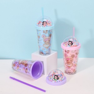 แก้วน้ำพลาสติกสองชั้นลายการ์ตูนโดนัทสีพาสเทลน่ารัก ขนาด 450 มล. พร้อมหลอดดูดและพู่หลากสีตกแต่ง - Product Image 6