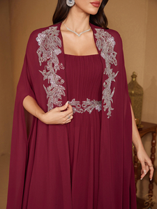 Robe de soirée élégante en deux pièces pour femmes, col <span class=keywords><strong>carré</strong></span>, sequins, patchwork, manches cape, <span class=keywords><strong>coupe</strong></span> ajustée, buste plissé, en mousseline de soie, pour l'été - Product Image 5