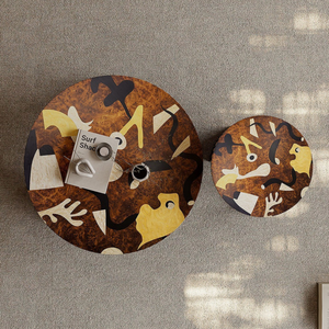 Tavolini Laterali con Piedistallo in Fibra di Vetro FRP Lucida Stile Metà Secolo, Colore <span class=keywords><strong>Nero</strong></span> Scuro Laccato con Intarsi Colorati, <span class=keywords><strong>Tavolino</strong></span> da Caffè - Product Image 3