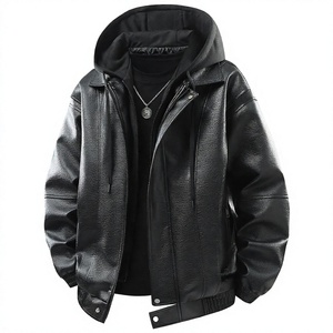 Chaqueta de cuero PU para hombre con capucha y cremallera, ropa exterior para motocicleta, informal, a prueba de viento, para otoño e invierno - Product Image 4