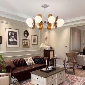 Lustre Bauhaus Magic Bean à 8 lumières, suspension rétro avec pales en <span class=keywords><strong>teck</strong></span> et acrylique, verre blanc pour salon, salle à manger, éclairage moderne - Product Image 2